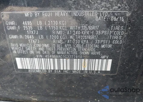 2016 Subaru Outback 2.5I из США, поврежденный, VIN 4S4BSAAC1G3227610